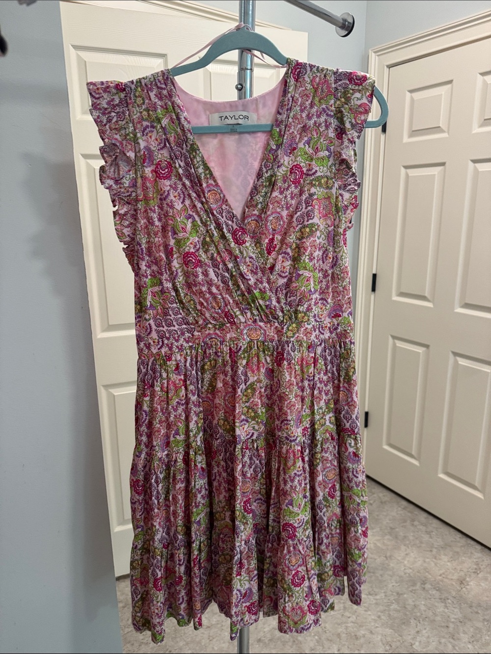 Taylor Floral Ruffle Tiered Faux Wrap Mini Dress - Pink / Green